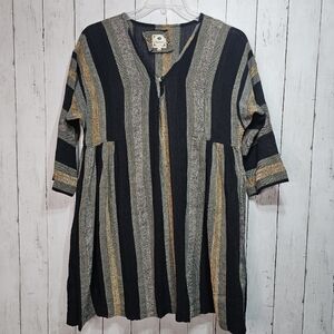 Namsar Women's Black Tan Striped Cotton Tunic Size S/M Lagenlook V-Neck ½ Sleeve